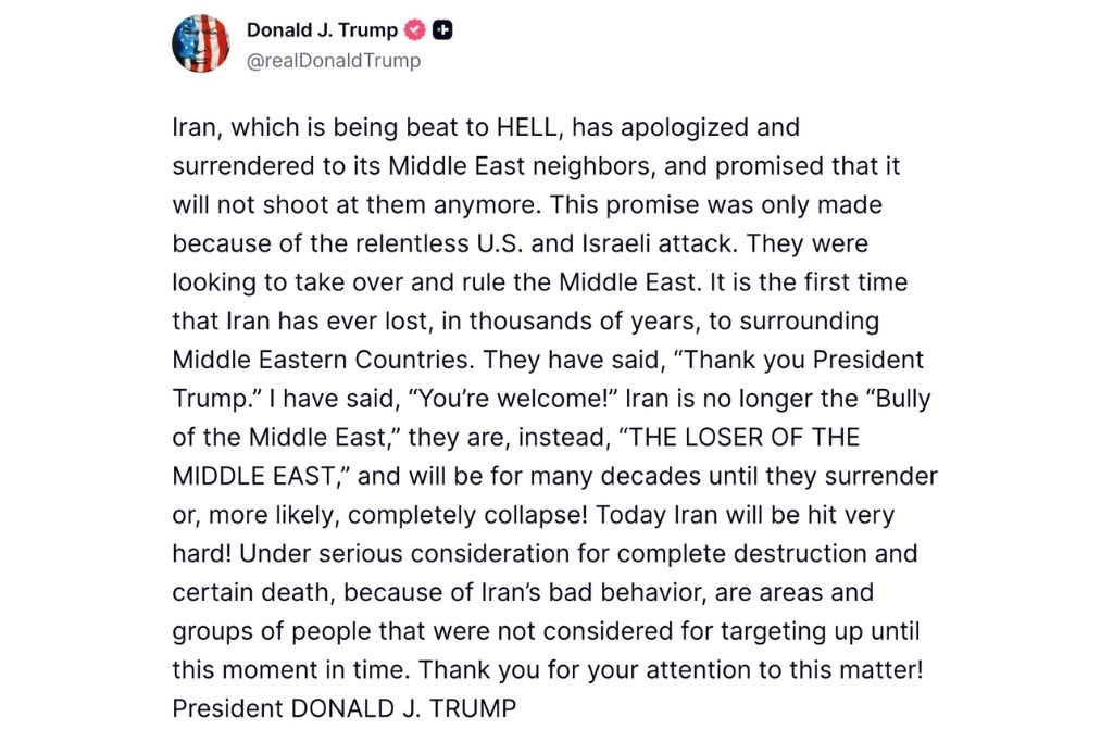 Publicación de Donald Trump en Truth Social donde afirma que Irán recibirá un golpe muy fuerte y amenaza con la destrucción total de nuevas zonas y objetivos.