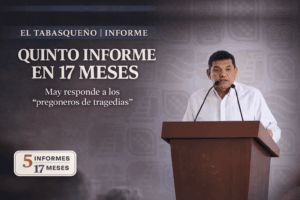 El gobernador Javier May habla en conferencia desde un atril; visual destaca quinto informe en 17 meses.