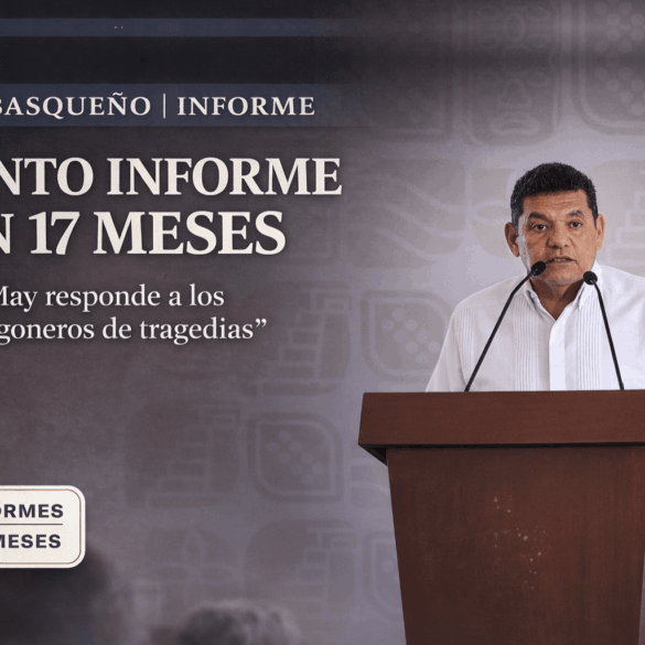 El gobernador Javier May habla en conferencia desde un atril; visual destaca quinto informe en 17 meses.