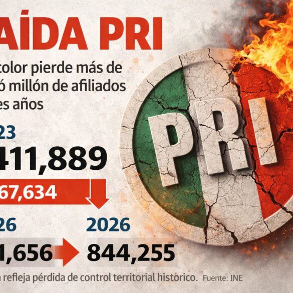 Logotipo del PRI agrietado y en llamas que representa la caída de su militancia, con datos del INE entre 2023 y 2026