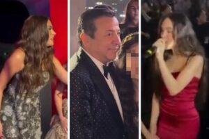 Composición de tres escenas de una fiesta de XV años en Villahermosa con artistas invitados, un hombre de traje junto a la festejada y ambiente nocturno de lujo.