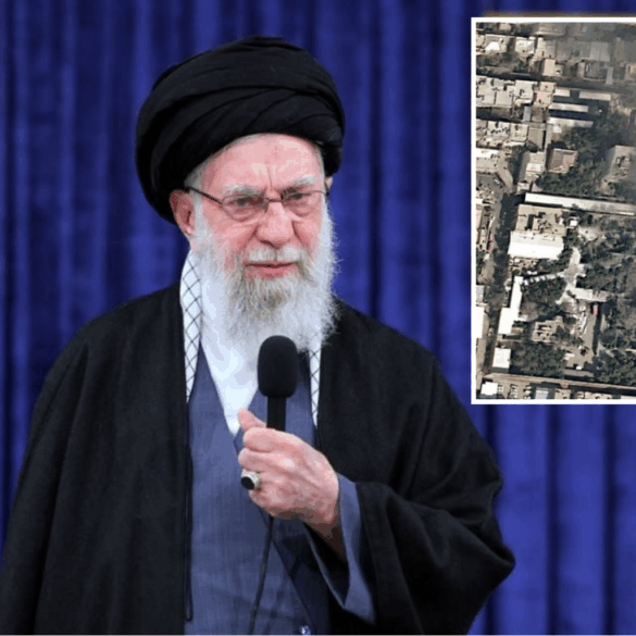 Ayatolá Alí Jamenei durante un discurso público; al fondo, imagen aérea de bombardeos en Teherán.