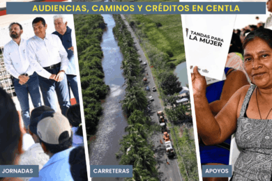 Javier May entrega certificados de Tandas para la Mujer durante gira en Centla.