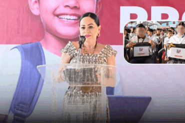 Patricia Iparrea Sánchez, secretaria de Educación de Tabasco, explicando el uso de tabletas digitales a estudiantes en Tacotalpa.