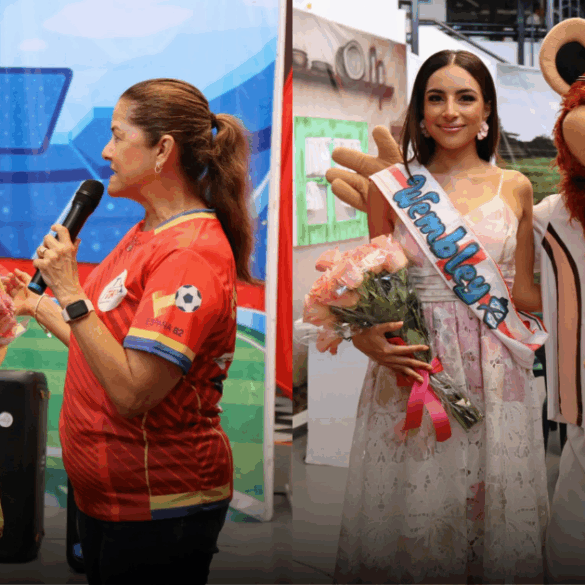María Fernanda Jalpa y Lupita Jalapa posando en el Colegio Americano de Tabasco durante su visita como embajadoras 2026.