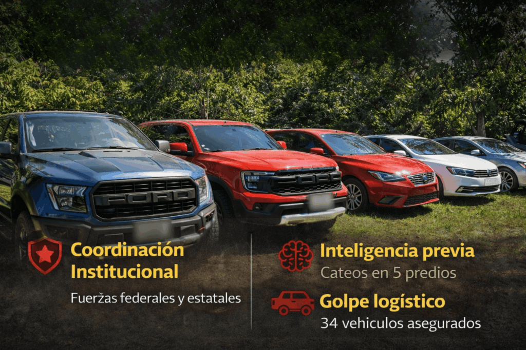 Vehículos de lujo y camionetas asegurados por autoridades durante un operativo de la Fuerza Interinstitucional de Reacción Táctica Olmeca en Jalapa, Tabasco.