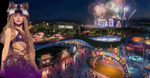 Gráfico del Estadio Shakira en Madrid resaltando su independencia económica y el éxito de su gira de septiembre.