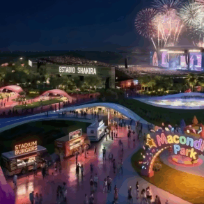 Gráfico del Estadio Shakira en Madrid resaltando su independencia económica y el éxito de su gira de septiembre.