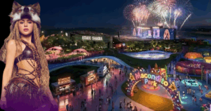 Gráfico del Estadio Shakira en Madrid resaltando su independencia económica y el éxito de su gira de septiembre.