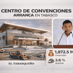 Visual ilustrativo del nuevo Centro de Convenciones de Tabasco con datos de inversión, avance de obra y periodo de ejecución presentados durante conferencia del gobierno estatal.