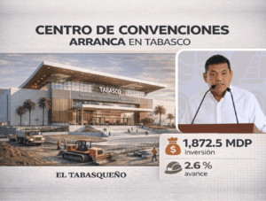 Visual ilustrativo del nuevo Centro de Convenciones de Tabasco con datos de inversión, avance de obra y periodo de ejecución presentados durante conferencia del gobierno estatal.