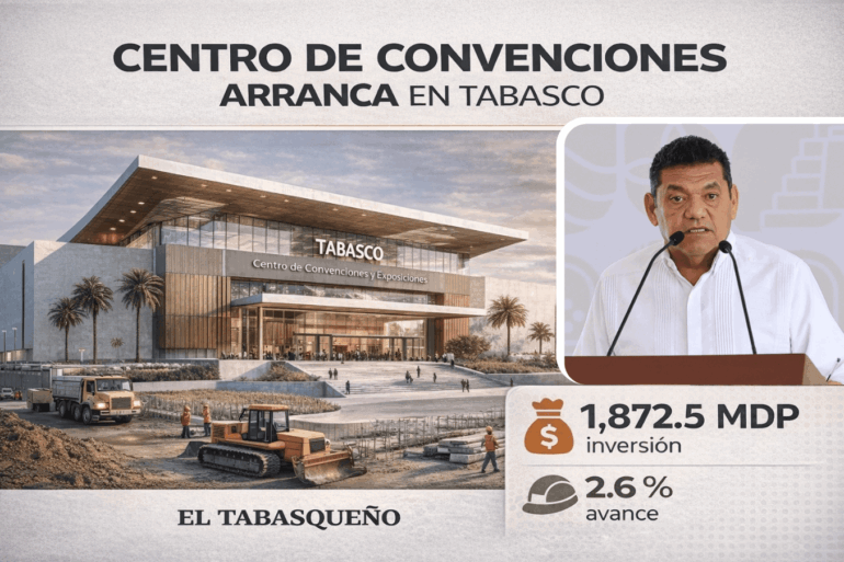 Visual ilustrativo del nuevo Centro de Convenciones de Tabasco con datos de inversión, avance de obra y periodo de ejecución presentados durante conferencia del gobierno estatal.