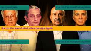 Fotomontaje de Manuel Gurría Ordóñez, Salvador Neme Castillo, Carlos Salinas de Gortari y Roberto Madrazo Pintado con la frase: Que con él se muera todo el priísmo que sigue vigente.