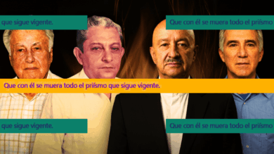 Fotomontaje de Manuel Gurría Ordóñez, Salvador Neme Castillo, Carlos Salinas de Gortari y Roberto Madrazo Pintado con la frase: Que con él se muera todo el priísmo que sigue vigente.