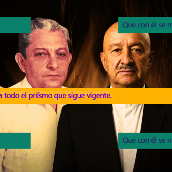 Fotomontaje de Manuel Gurría Ordóñez, Salvador Neme Castillo, Carlos Salinas de Gortari y Roberto Madrazo Pintado con la frase: Que con él se muera todo el priísmo que sigue vigente.