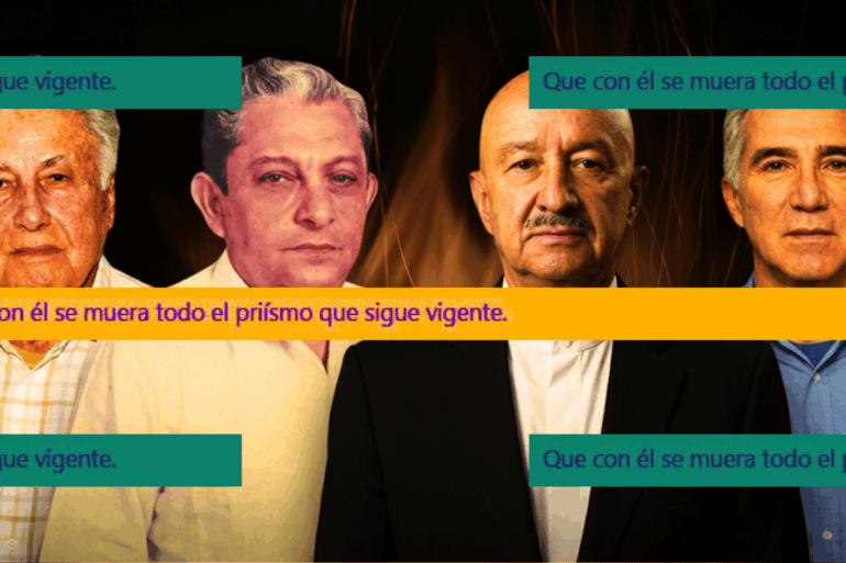 Fotomontaje de Manuel Gurría Ordóñez, Salvador Neme Castillo, Carlos Salinas de Gortari y Roberto Madrazo Pintado con la frase: Que con él se muera todo el priísmo que sigue vigente.