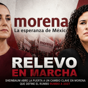 Claudia Sheinbaum y Luisa María Alcalde en composición visual con bandera de Morena y fondo de movilización política