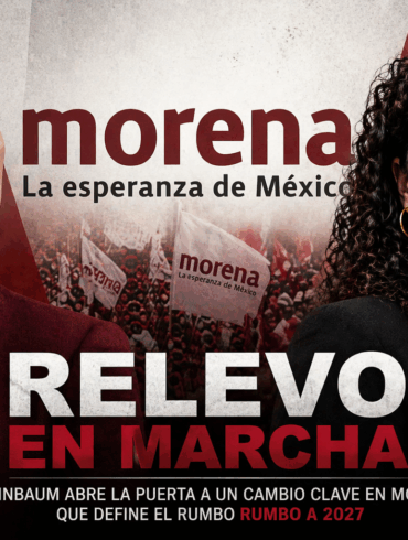 Claudia Sheinbaum y Luisa María Alcalde en composición visual con bandera de Morena y fondo de movilización política
