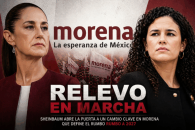 Claudia Sheinbaum y Luisa María Alcalde en composición visual con bandera de Morena y fondo de movilización política