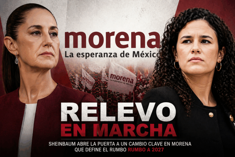 Claudia Sheinbaum y Luisa María Alcalde en composición visual con bandera de Morena y fondo de movilización política