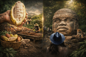 Mano sosteniendo mazorca de cacao abierta y, al fondo, escena de procesamiento tradicional; a la derecha, cabeza colosal olmeca en el Parque Museo La Venta rodeada de selva en Tabasco.
