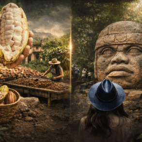 Mano sosteniendo mazorca de cacao abierta y, al fondo, escena de procesamiento tradicional; a la derecha, cabeza colosal olmeca en el Parque Museo La Venta rodeada de selva en Tabasco.