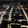 Vista aérea nocturna del Barrio Mágico de Villahermosa con las 204 luminarias LED encendidas en las calles del centro histórico