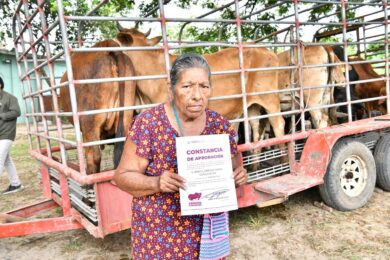 Beneficiaria del programa Crédito Ganadero a la Palabra sostiene su constancia de aprobación frente a un camión con novillonas en Huimanguillo, Tabasco