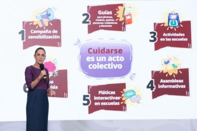 La Presidenta Claudia Sheinbaum durante la presentación nacional de la estrategia de salud mental para jóvenes en Palacio Nacional.