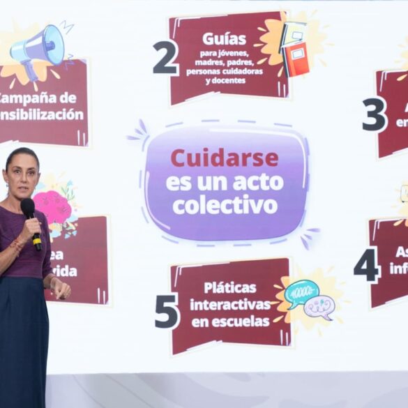 La Presidenta Claudia Sheinbaum durante la presentación nacional de la estrategia de salud mental para jóvenes en Palacio Nacional.
