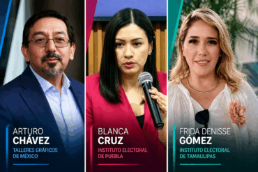 Tres nuevos consejeros del INE: Arturo Chávez, Blanca Cruz y Frida Gómez en retratos verticales