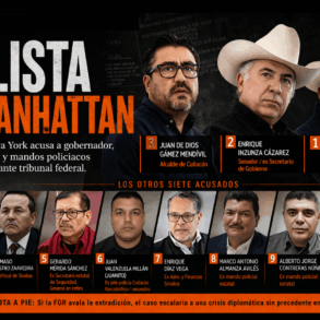 Montaje editorial con Rubén Rocha Moya, Enrique Inzunza y Juan de Dios Gámez junto a otros funcionarios de Sinaloa acusados por una Fiscalía de Nueva York de presuntos vínculos con narcotráfico y solicitudes de extradición.