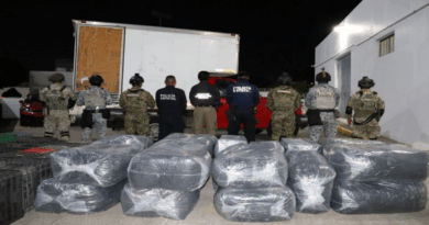 Elementos de la SSPC aseguran paquetes de marihuana y cristal durante un decomiso de droga en Huimanguillo cerca del puente Tonalá.