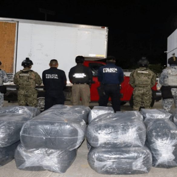 Elementos de la SSPC aseguran paquetes de marihuana y cristal durante un decomiso de droga en Huimanguillo cerca del puente Tonalá.