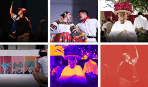 Collage de seis imágenes de artistas tabasqueños en teatro, danza folklórica, danza de la Pochó y arte urbano, disciplinas apoyadas por el PECDA Tabasco 2026