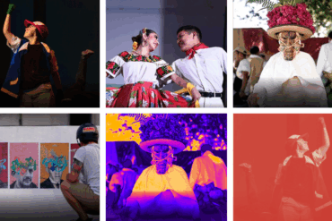 Collage de seis imágenes de artistas tabasqueños en teatro, danza folklórica, danza de la Pochó y arte urbano, disciplinas apoyadas por el PECDA Tabasco 2026