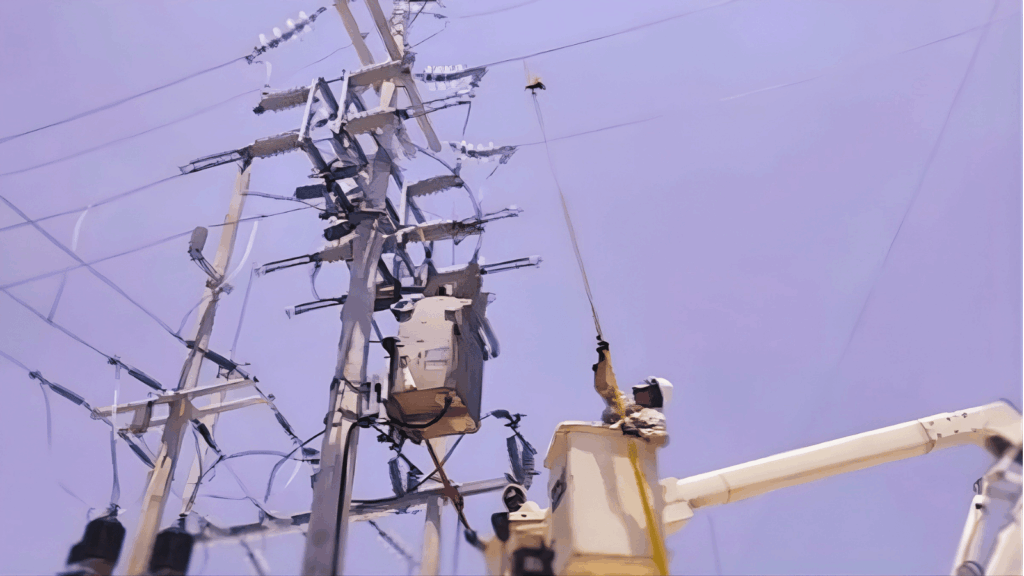 Técnico de la CFE realiza trabajos de mantenimiento en poste de alta tensión desde canastilla elevadora en Tabasco.