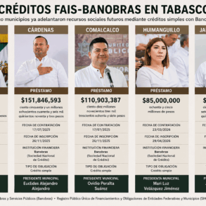 Infografía con los cinco presidentes municipales de Tabasco que contrataron créditos FAIS–Banobras entre 2025 y 2026, mostrando montos, fechas de contratación y tipo de financiamiento.