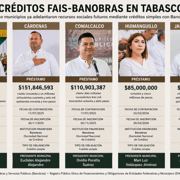 Infografía con los cinco presidentes municipales de Tabasco que contrataron créditos FAIS–Banobras entre 2025 y 2026, mostrando montos, fechas de contratación y tipo de financiamiento.