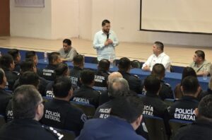 Alejandro Leal López, nuevo secretario de Seguridad de Tabasco, en su primera reunión con mandos de la Policía Estatal, 26 de mayo de 2026