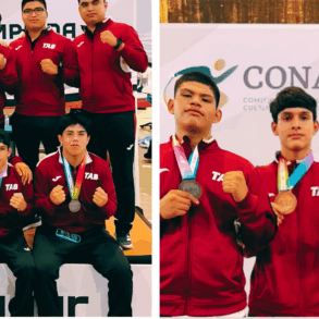 Boxeadores tabasqueños y su cuerpo técnico posan con medallas de la Olimpiada Nacional CONADE 2026 en Tepic, Nayarit