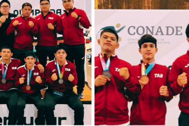 Boxeadores tabasqueños y su cuerpo técnico posan con medallas de la Olimpiada Nacional CONADE 2026 en Tepic, Nayarit