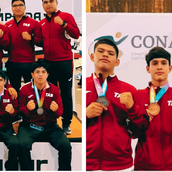 Boxeadores tabasqueños y su cuerpo técnico posan con medallas de la Olimpiada Nacional CONADE 2026 en Tepic, Nayarit