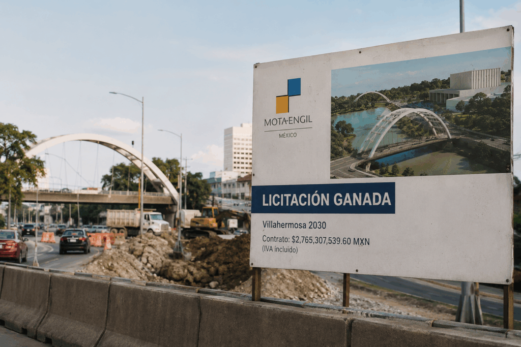 Letrero de Mota-Engil frente a obra urbana y render del nuevo corredor Villahermosa 2030 en Paseo Tabasco