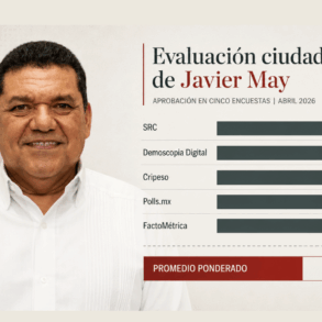 Gráfico editorial con Javier May y barras de aprobación ciudadana en cinco encuestas de abril de 2026, con promedio ponderado de 50.51%.