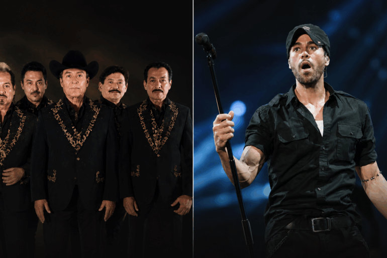 Composición visual horizontal con Los Tigres del Norte y Enrique Iglesias en contraste escénico previo a sus conciertos en la Feria Tabasco 2026.