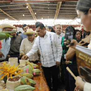 Gobernador Javier May Rodríguez examina granos de cacao en el stand agropecuario durante la Feria Tabasco 2026