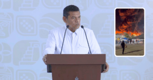 Gobernador Javier May Rodríguez durante conferencia de prensa informando sobre las acciones en el Parque Tabasco tras el incendio.