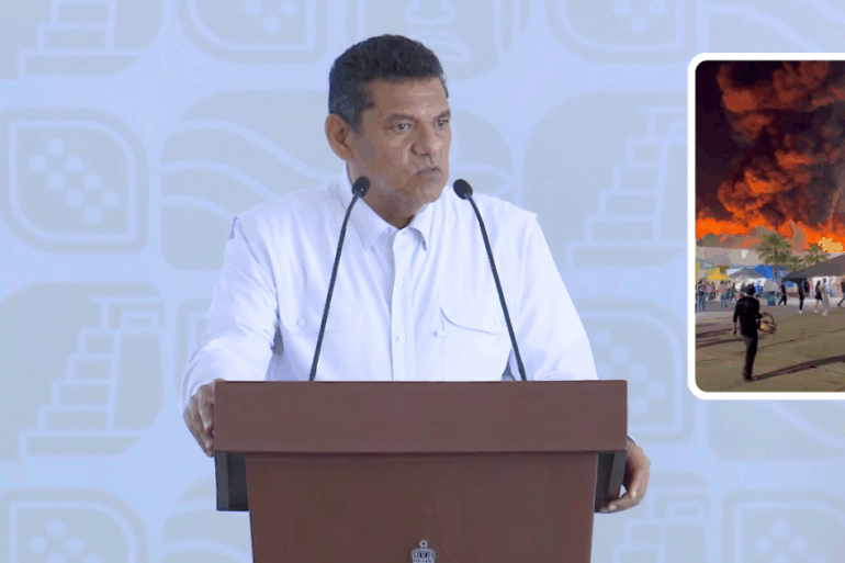Gobernador Javier May Rodríguez durante conferencia de prensa informando sobre las acciones en el Parque Tabasco tras el incendio.