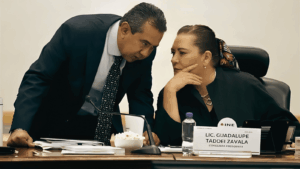 El consejero Jorge Montaño Ventura junto a la consejera presidenta Guadalupe Taddei en sesión del INE.